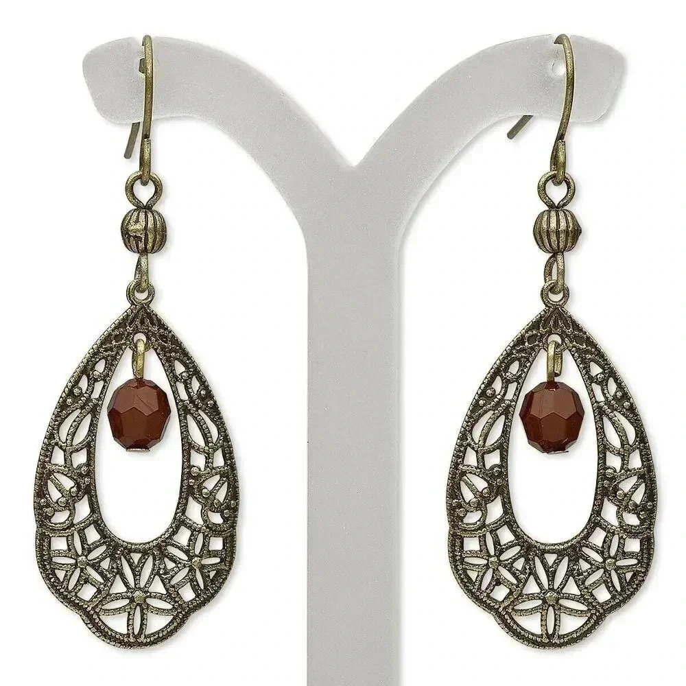 Lacy Victorian Antique Brass Filigree Teardrop Faceted Bead Dangle Earrings